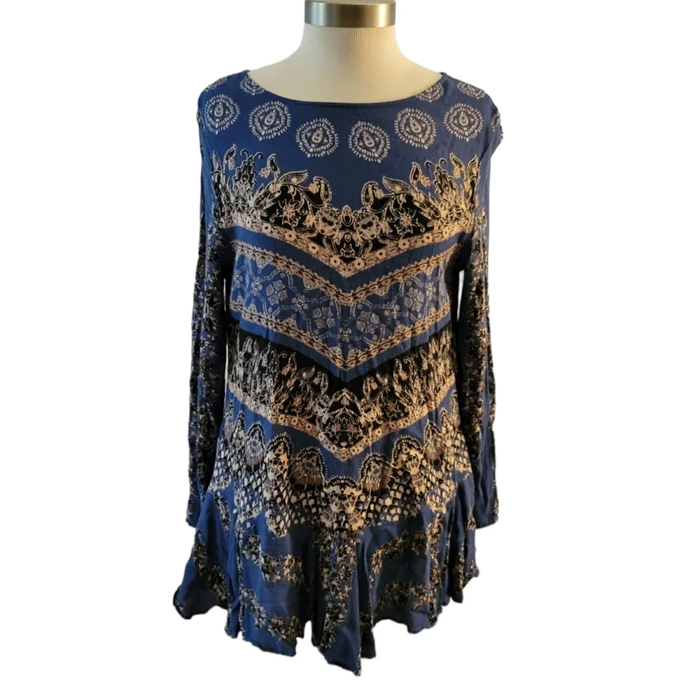 Free People Smooth Talker Tunic Sz M Blue Floral Open Back